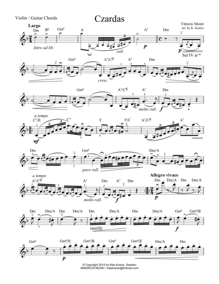 Czardas For Violin With Guitar Chords Lead Sheet Music Sheet Download